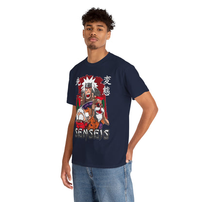 Model wearing the navy blue Trendy Anime Vibes T-Shirt, showcasing a vibrant graphic featuring dynamic anime characters.