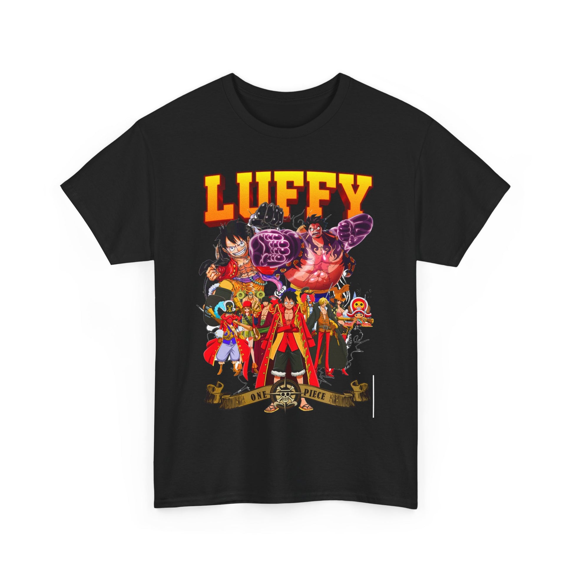Elegant t-shirt design showcasing an intricate One Piece graphic with Luffy and friends, perfect for stylish anime fans.