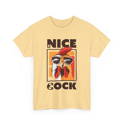 Front view of the Unisex Nice Cock Graphic Tee featuring a bold cartoon chicken design, combining humour with comfort in a chic format.