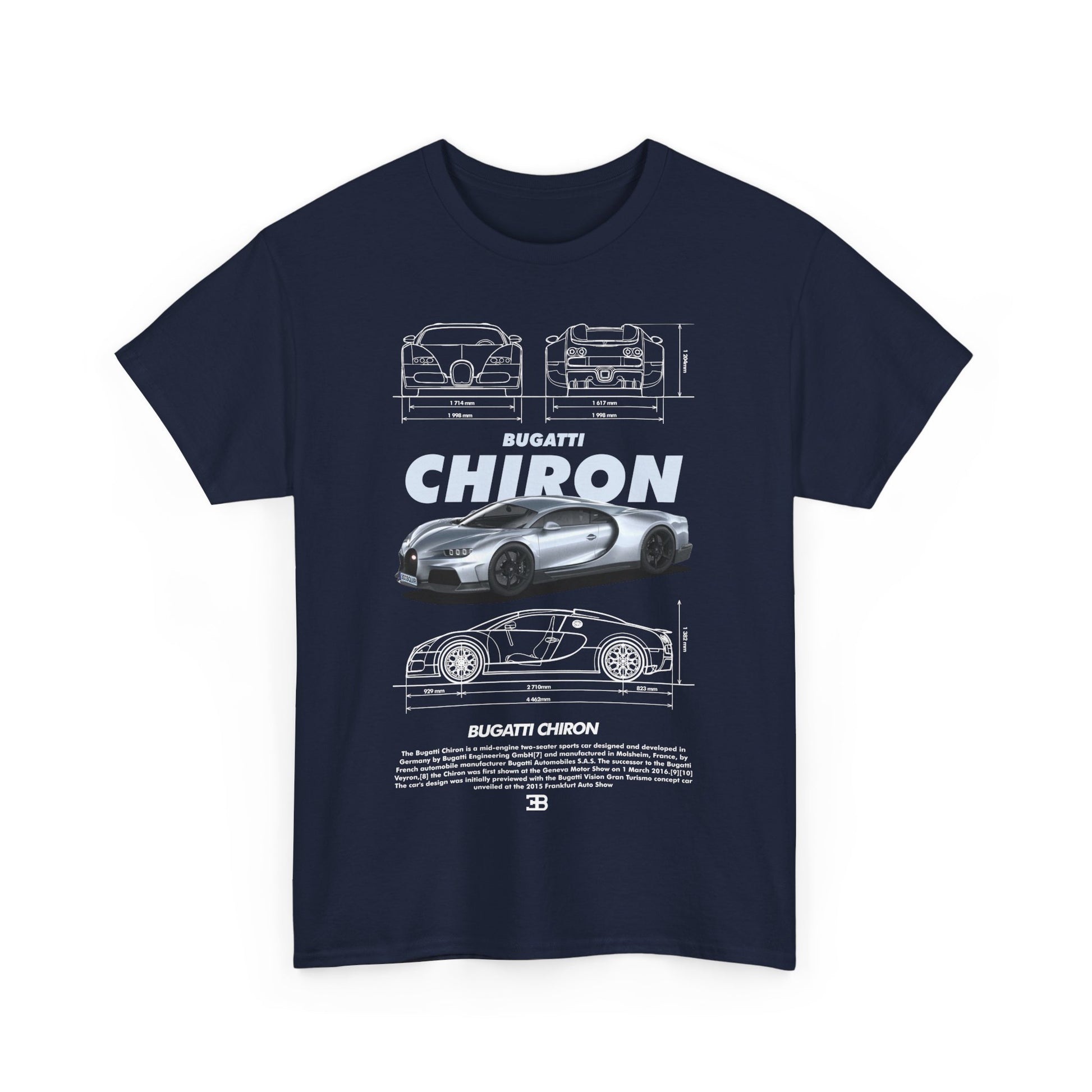 Stylish navy blue men's t-shirt featuring a detailed Bugatti Chiron graphic design, showcasing the luxury automobile's design and technical specifications.
