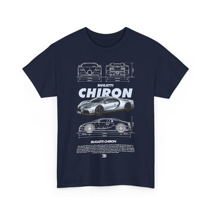 Stylish navy blue men's t-shirt featuring a detailed Bugatti Chiron graphic design, showcasing the luxury automobile's design and technical specifications.