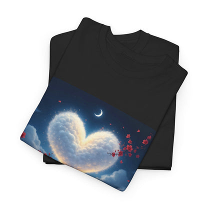 Ethereal Heart: The Dreamy Cloud Graphic T-Shirt featuring a beautifully printed heart-shaped cloud design with cherry blossoms, a symbol of ethereal charm and comfort in stylish layering.