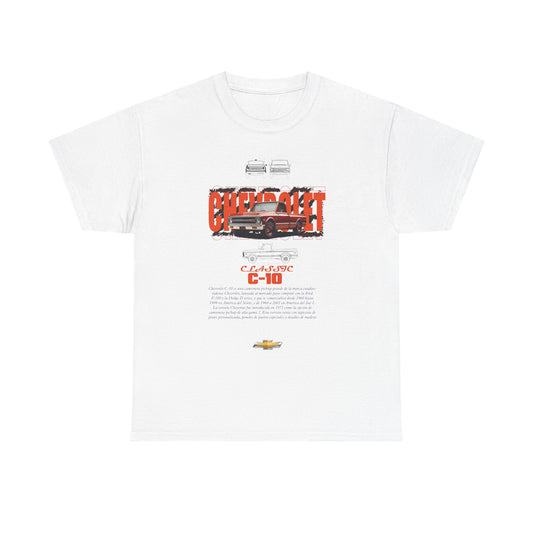 Elegant white Chevrolet C-10 graphic t-shirt showcasing a vintage truck print, enriched with stylish typography and intricate details, perfect for timeless fashion lovers.