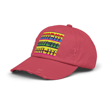 Unisex Distressed Paddleboarders Cap in a striking pink hue, embellished with a unique paddleboarding scene, ideal for those who love to stand out while enjoying outdoor activities.