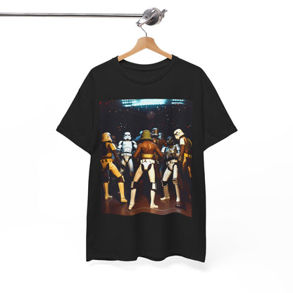 Sophisticated black t-shirt with an artistic graphic of Stormtroopers, exemplifying a blend of comfort and galactic flair.