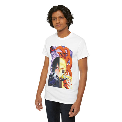 Another angle of a male model showcasing the elegant white T-shirt with an artistic design of Sasuke and Naruto, demonstrating versatile fashion suitable for any casual occasion.