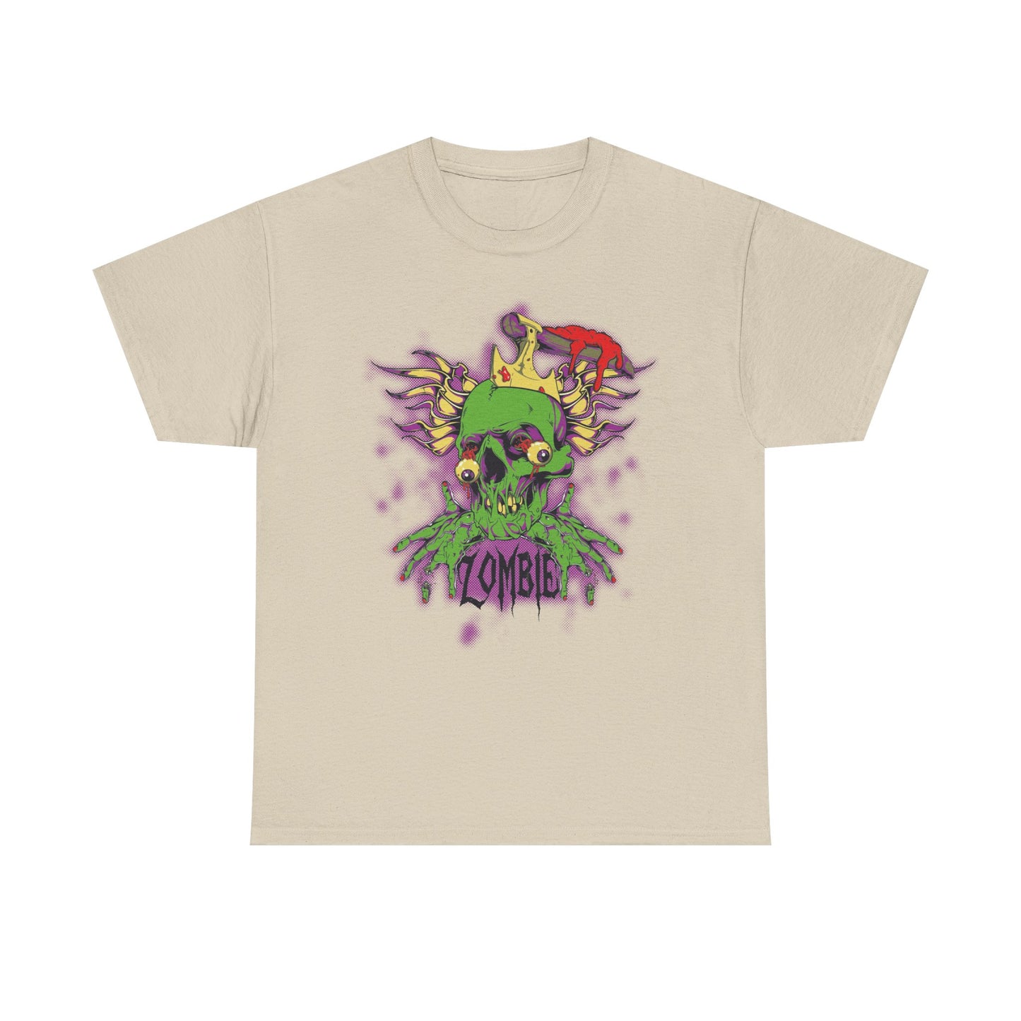 Chic beige men's t-shirt displaying an imaginative zombie skull design with a green crown and expressive eyes, complemented by dripping graphics for a unique fashion statement.