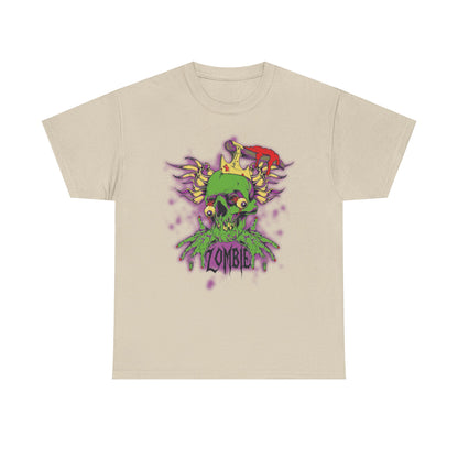 Chic beige men's t-shirt displaying an imaginative zombie skull design with a green crown and expressive eyes, complemented by dripping graphics for a unique fashion statement.