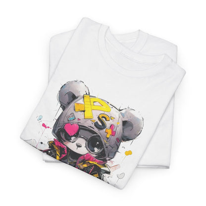 Elegant display of folded white t-shirts featuring a fashionable panda bear graphic, capturing the essence of contemporary streetwear chic.