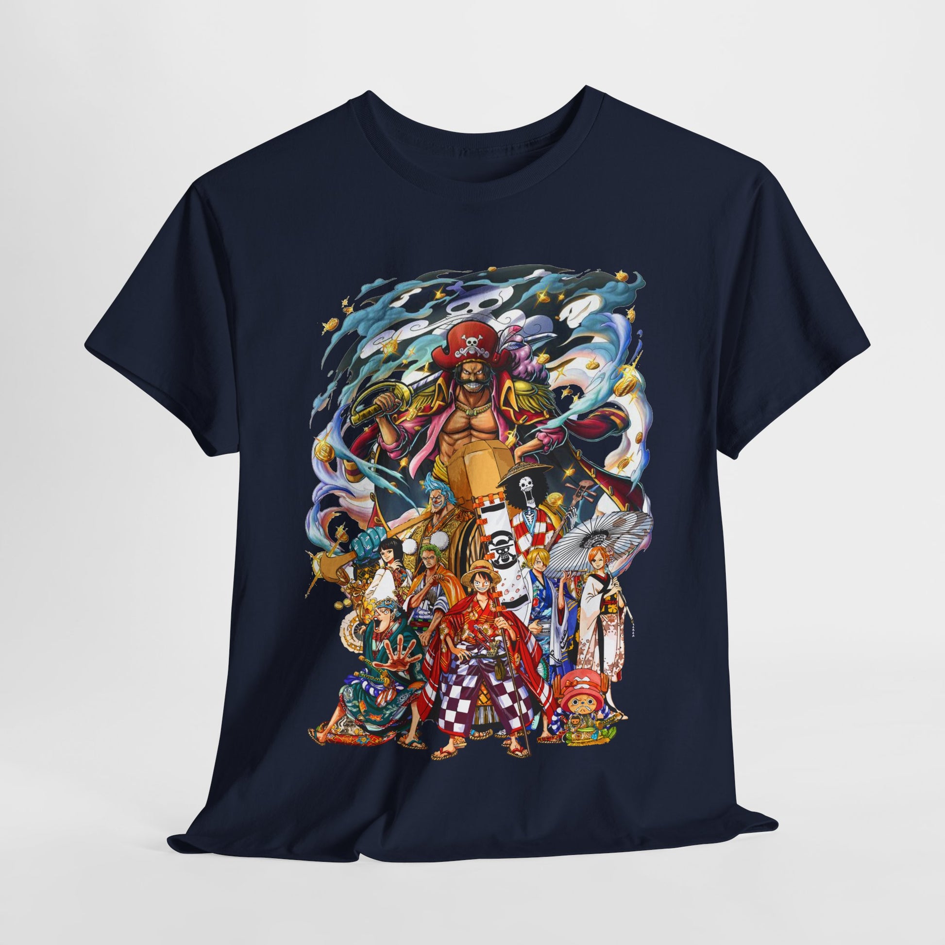 Luxurious view of the Epic 1 Piece Adventure Men's T-Shirt, showcasing a detailed anime design with vibrant characters, elegantly styled for fashion-forward anime enthusiasts.