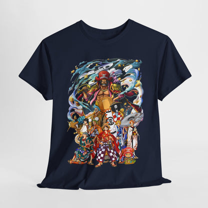 Luxurious view of the Epic 1 Piece Adventure Men's T-Shirt, showcasing a detailed anime design with vibrant characters, elegantly styled for fashion-forward anime enthusiasts.