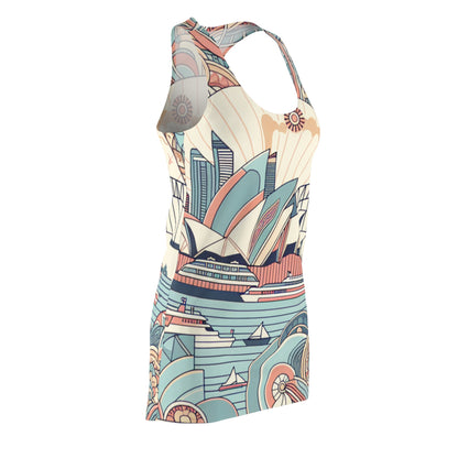 Close-up detail of the fabric of Alessia Couture Pastel Racerback Dress from Dazzling Dreams Studio, featuring artistic patterns inspired by the architecture of Sydney, ideal for fashionable occasions.