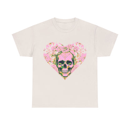 Skulls and Roses Cotton Tee - luxury unisex graphic shirt featuring an intricate skull design surrounded by beautiful roses in a heart shape, perfect for edgy style.