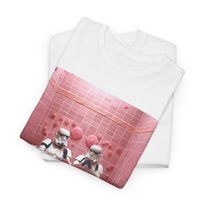 Stylish stacked white t-shirts showcasing a playful Stormtrooper design, depicted in a delightful pink bathtub setting, exuding a sense of fun and luxury.
