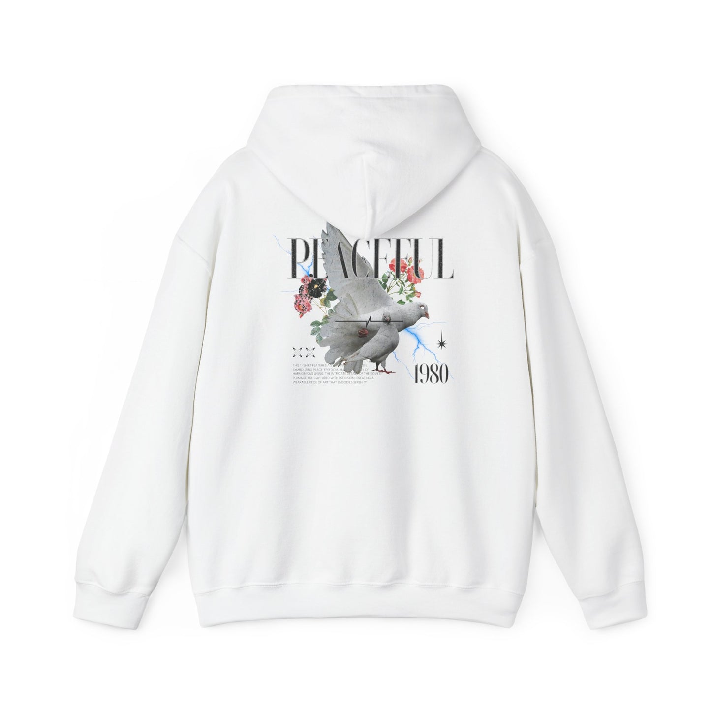 Stylish white hoodie featuring a detailed back print of doves, roses, and the word 'PEACEFUL' in an elegant font, showcasing a vintage 1980 graphic design.