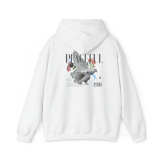 Stylish white hoodie featuring a detailed back print of doves, roses, and the word 'PEACEFUL' in an elegant font, showcasing a vintage 1980 graphic design.