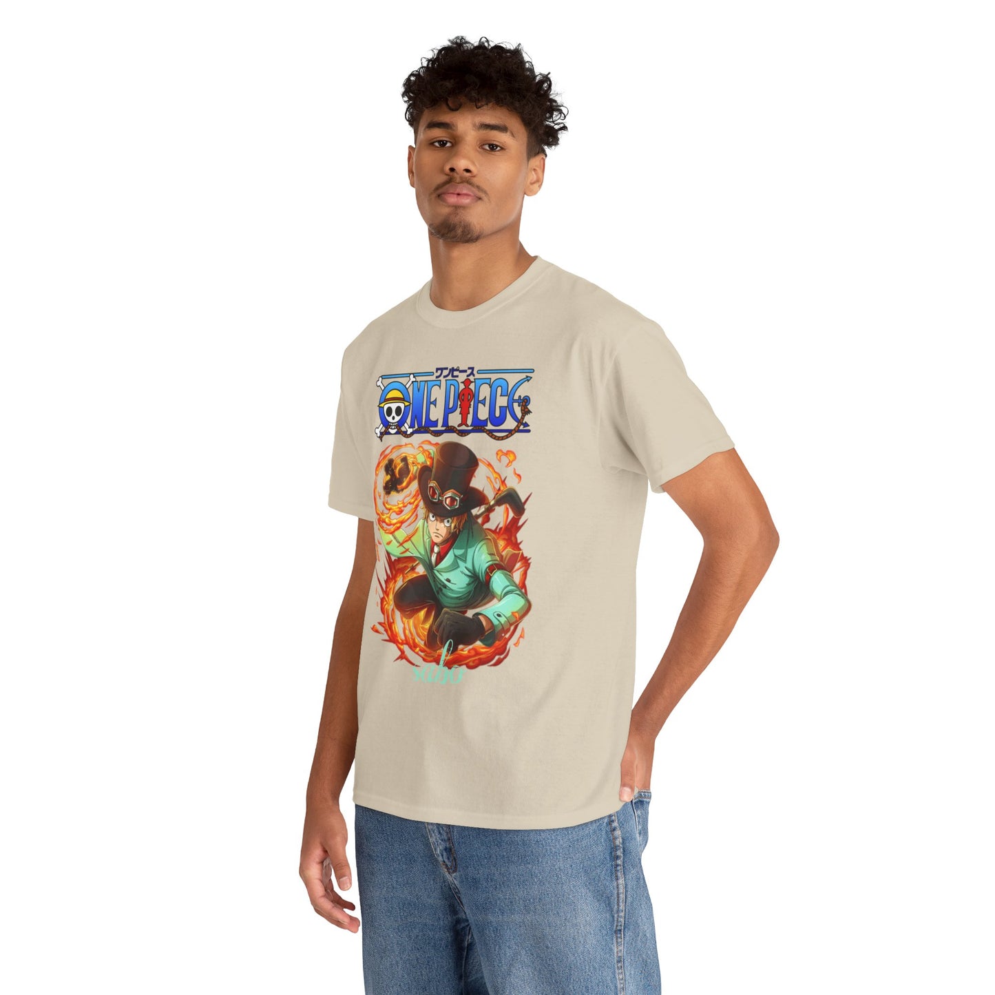 Model showcasing a stylish Men’s T-shirt with an eye-catching anime design of Sabo from One Piece, perfect for fashionable anime enthusiasts.