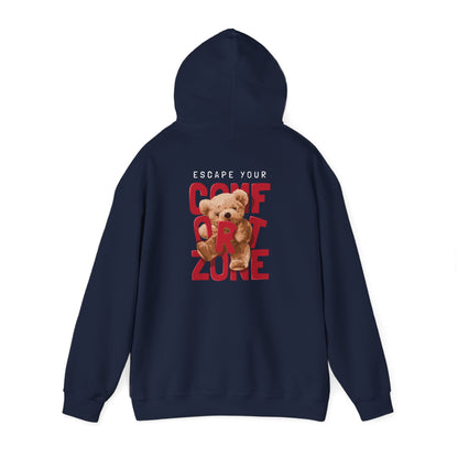 Back view of a navy hoodie displaying an eye-catching design with the motivating phrase 'ESCAPE YOUR COMFORT ZONE' featuring a delightful teddy bear, blending comfort and style.