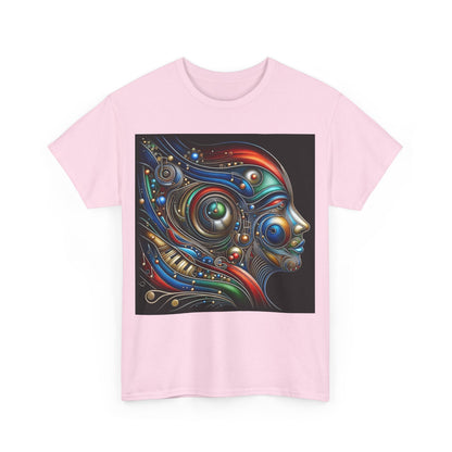 Chic front view of the Stained Glass Dreams Unisex T-Shirt in pink, adorned with a colourful abstract design combining art and fashion.