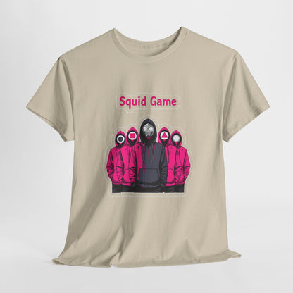 Squid Game Unisex Men´s Women´s Graphic Cotton Funny T Shirt Tee featuring vibrant pink hooded figures against a stylish beige backdrop, embodying a luxurious blend of pop culture and high fashion.