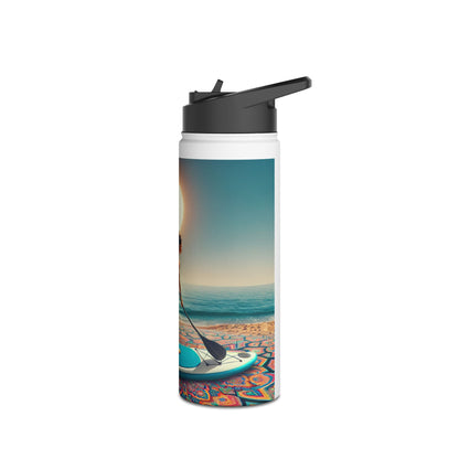 Chic Fantasy Paddleboarding Stainless Steel Water Bottle depicted with striking paddleboarding imagery and a picturesque beach setting, embodying a lifestyle of elegance and adventure.