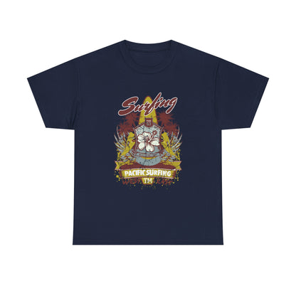 Elegant navy vintage surf culture graphic tee showcasing an intricate surfing emblem, adorned with palm trees and hibiscus, ideal for sophisticated casual attire.