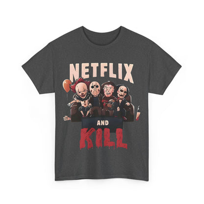 Urban unisex cotton tee featuring a whimsical horror-themed graphic titled 'Netflix and Kill', showcasing iconic horror characters on a couch with playful elements in a dark grey colour.
