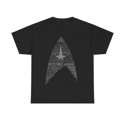 Elegant Star Trek Federation Logo Art Graphic Unisex T-Shirt Tee in deep black, showcasing a captivating design with famous series quotes integrated within the starship emblem.