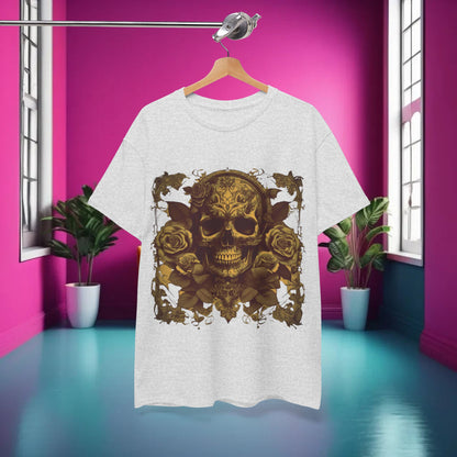 Skulls and Roses Cotton Tee displayed in a vibrant room, highlighting its edgy aesthetic and versatility.
