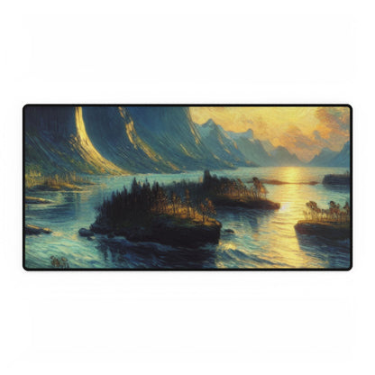 Munchian Euphoric Whimsy desk mat featuring a stunning representation of Norwegian landscapes at sunset, showcasing vibrant brushstrokes and rich hues, ideal for enhancing luxury workspace aesthetics.