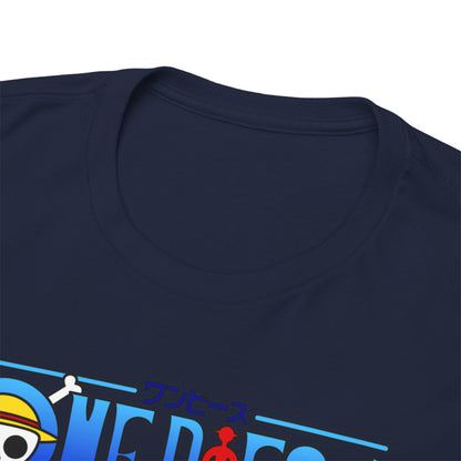 Close-up view of a luxury navy blue t-shirt collar, featuring sophisticated design elements including anime graphics from One Piece, ideal for discerning fans.