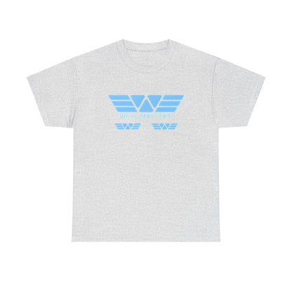 Weyland Corporation Retro Logo Graphic Tee Unisex in grey, elegantly highlighting a vintage-inspired sky blue logo, ideal for sophisticated sci-fi enthusiasts.