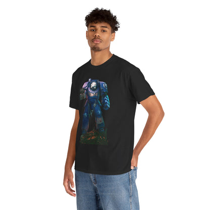 Sophisticated male model sporting a premium unisex graphic T-shirt emblazoned with a captivating sci-fi illustration, captured in a dynamic pose to convey style and confidence.