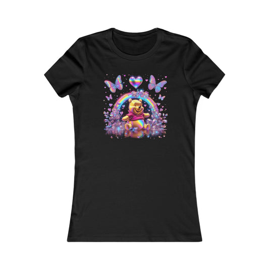 Vibrant Winnie the Pooh Women's Cotton T Shirt Tee featuring a joyful Winnie the Pooh surrounded by colourful butterflies, hearts, and a radiant rainbow, all rendered in bright digital art on a chic black tee.