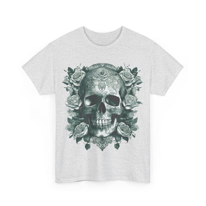 Front view of the Skulls and Roses Cotton Tee highlighting the striking skull and rose graphic, perfect for alternative fashion enthusiasts.