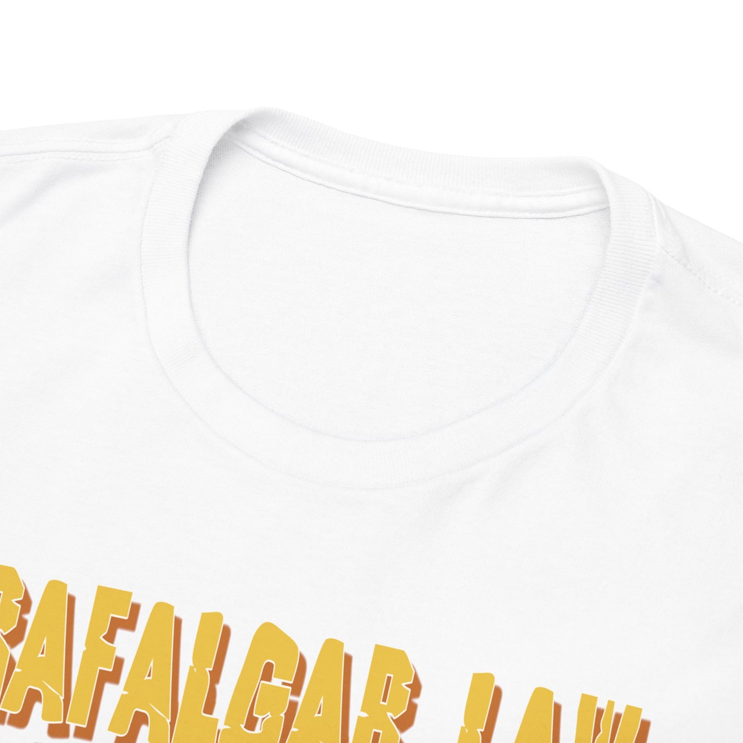 Detailed close-up of the neckline of a Trafalgar Law mens T-shirt, showcasing its luxurious fabric and striking graphic design.