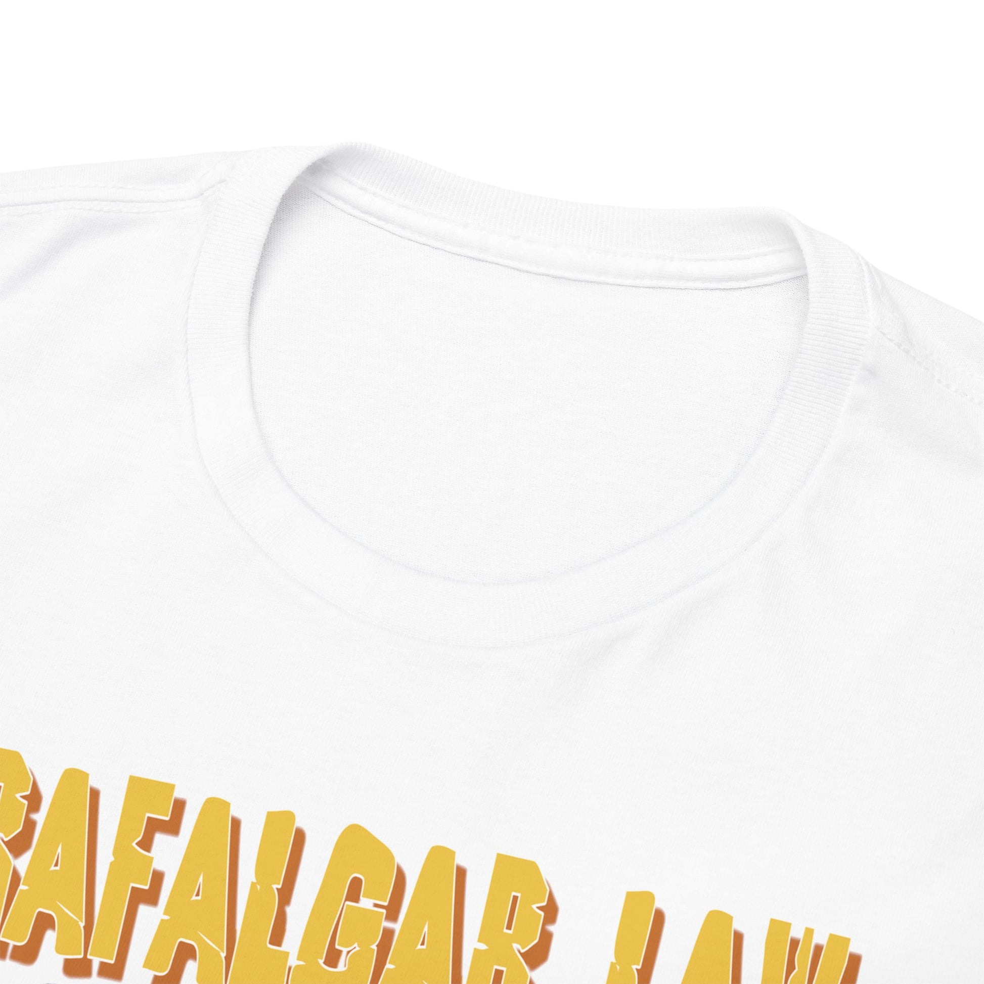 Detailed close-up of the neckline of a Trafalgar Law mens T-shirt, showcasing its luxurious fabric and striking graphic design.