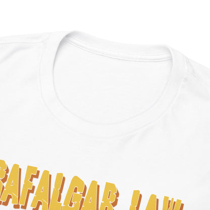 Detailed close-up of the neckline of a Trafalgar Law mens T-shirt, showcasing its luxurious fabric and striking graphic design.