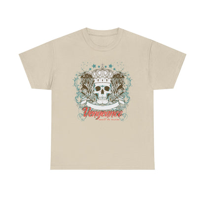 Elegant beige graphic tee showcasing a stunning skull crowned with intricate detailing, flanked by stylised wings, with 'Vengeance' written in vibrant red for a statement look.