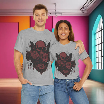 Two models wearing the fashionable Skulls and Roses Cotton Tee, highlighting the unisex design and striking graphic on a vibrant backdrop.