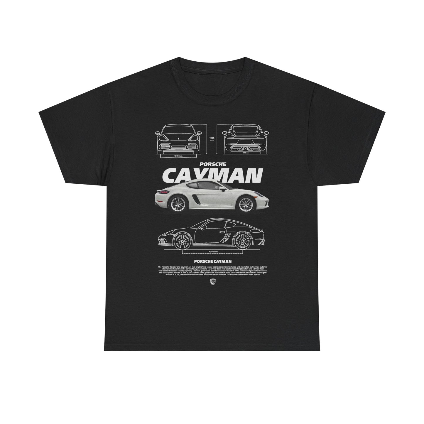 Elegant men's T-shirt in black with a sleek Porsche Cayman graphic, highlighting intricate technical illustrations of the renowned sports car, ideal for the discerning car lover.