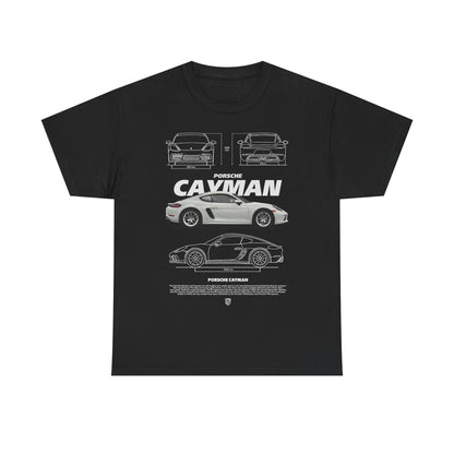 Elegant men's T-shirt in black with a sleek Porsche Cayman graphic, highlighting intricate technical illustrations of the renowned sports car, ideal for the discerning car lover.