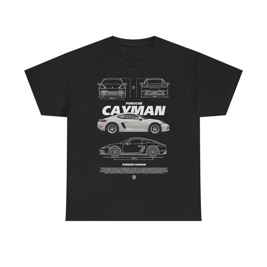 Sleek black men's T-shirt with a striking illustration of the Porsche Cayman, highlighting the famed sports car's design from various angles, ideal for automotive lovers.