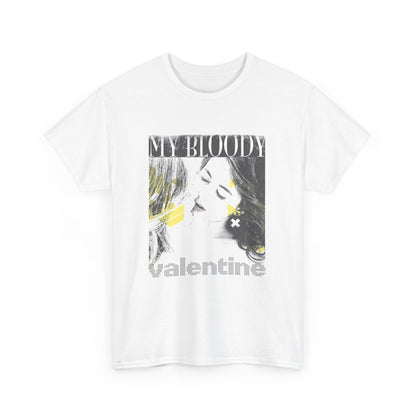 Chic white men's t-shirt front view displaying an artistic graphic design featuring a woman's portrait with the phrase 'MY BLOODY valentine', embodying luxury and creativity.