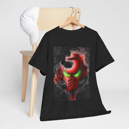 Stylish graphic t-shirt on a wooden chair, featuring an eye-catching futuristic helmet design, ideal for incorporating contemporary art into everyday fashion.