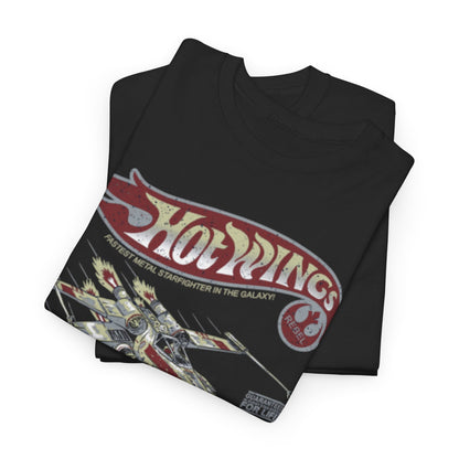 Stacked Hot Wings Starfighter T-Shirts showcasing a bold and stylish retro design, ideal for galactic adventure enthusiasts seeking unique, unisex graphic tees.