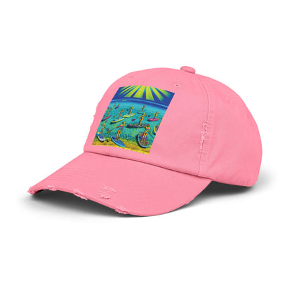 Side view of the Unisex Distressed Paddleboarders Cap in pink, featuring a vibrant paddleboarding graphic, blending fashion and functionality for discerning water lovers.