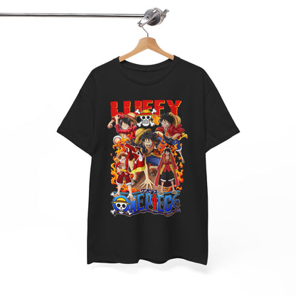 Stylish black t-shirt elegantly showcased on a wooden hanger, featuring vibrant artwork of Luffy and the One Piece ensemble, ideal for making a fashionable statement.