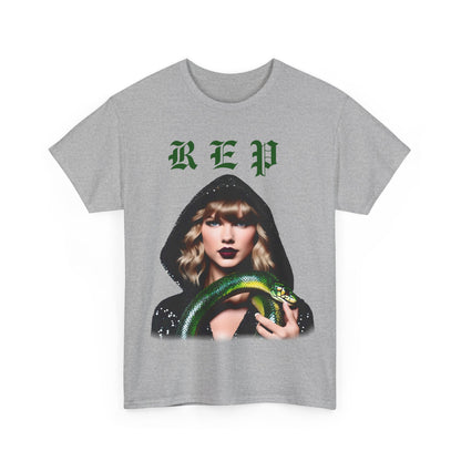 Front view of Taylor Swift Reputation Era unisex cotton T-shirt in grey, showcasing a captivating design that pays homage to the iconic Reputation era.