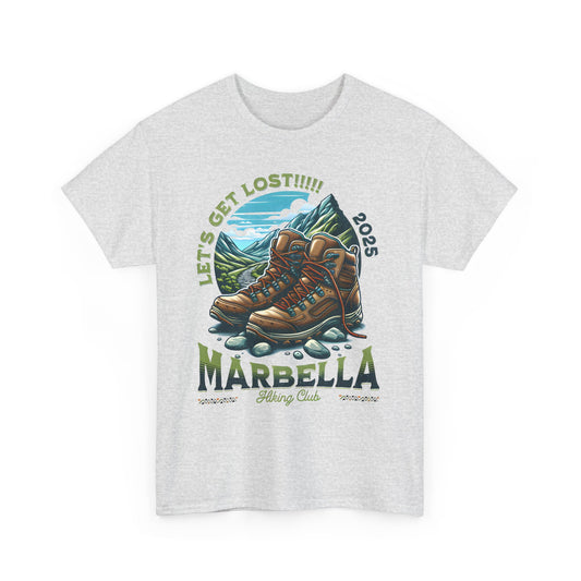 Marbella Hiking Club Unisex Graphic Tee in a sophisticated grey shade, showcasing vibrant artwork of hiking boots against a picturesque landscape, tailored for the modern explorer.